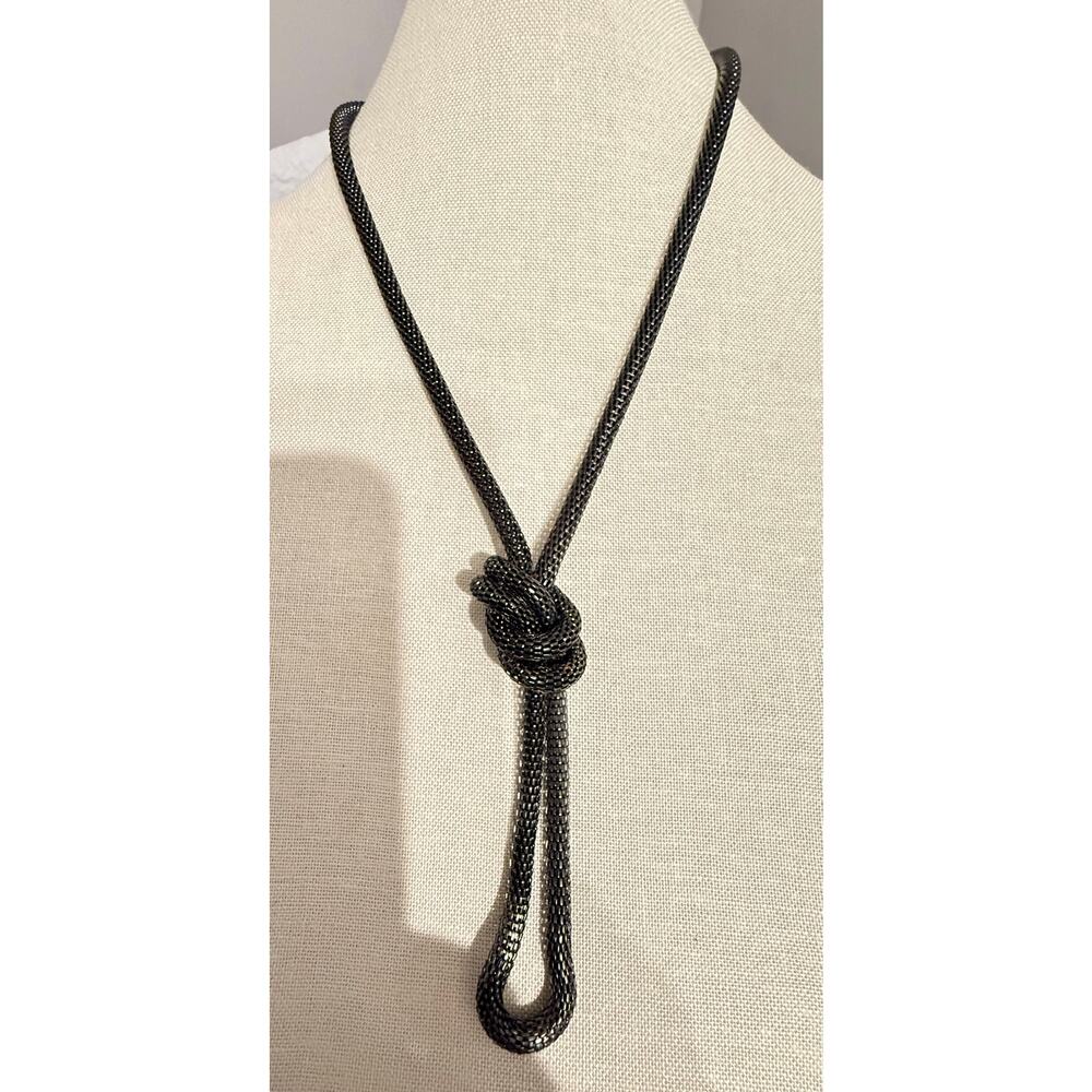 Vintage Black Gunmetal Mesh Knot Lariat Necklace 23” Unsigned